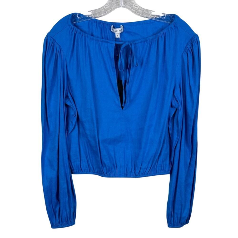 Gianni Bini Camilla Boat Neck Linen Blouse Blue Long Sleeve Top Women's XS NWT